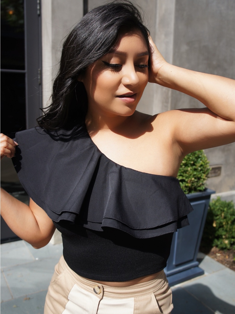 HYFVE Black One-Shoulder Ruffle Crop Top
